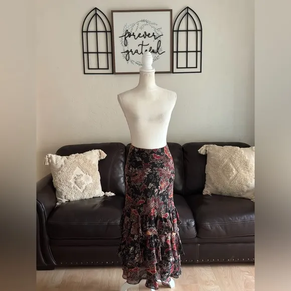 Vintage 90s Bandolino Paisley Print Midi Tiered Ruffle Skirt Size 10 Boho Hippie