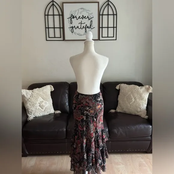 Vintage 90s Bandolino Paisley Print Midi Tiered Ruffle Skirt Size 10 Boho Hippie