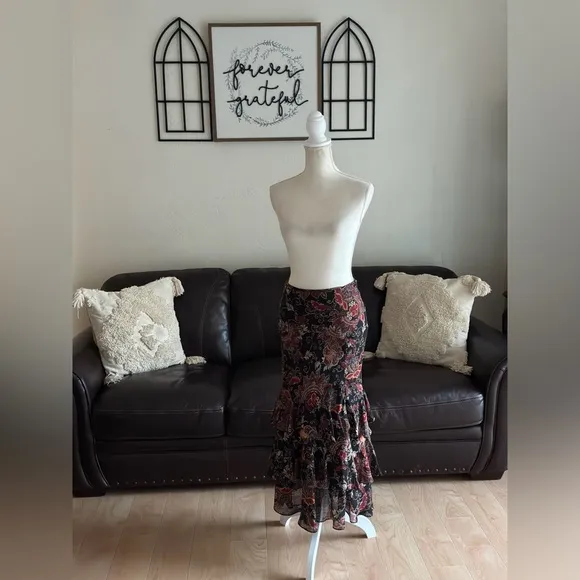 Vintage 90s Bandolino Paisley Print Midi Tiered Ruffle Skirt Size 10 Boho Hippie
