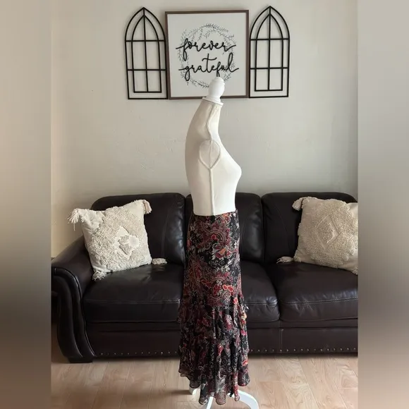 Vintage 90s Bandolino Paisley Print Midi Tiered Ruffle Skirt Size 10 Boho Hippie