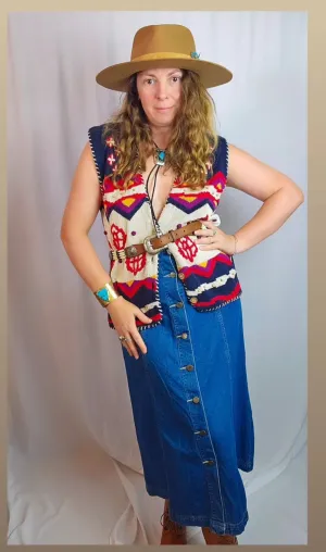 Vintage 90s Denim Button-Down Midi Skirt – Western Prairie Boho – Size 31 (AU 8/10)