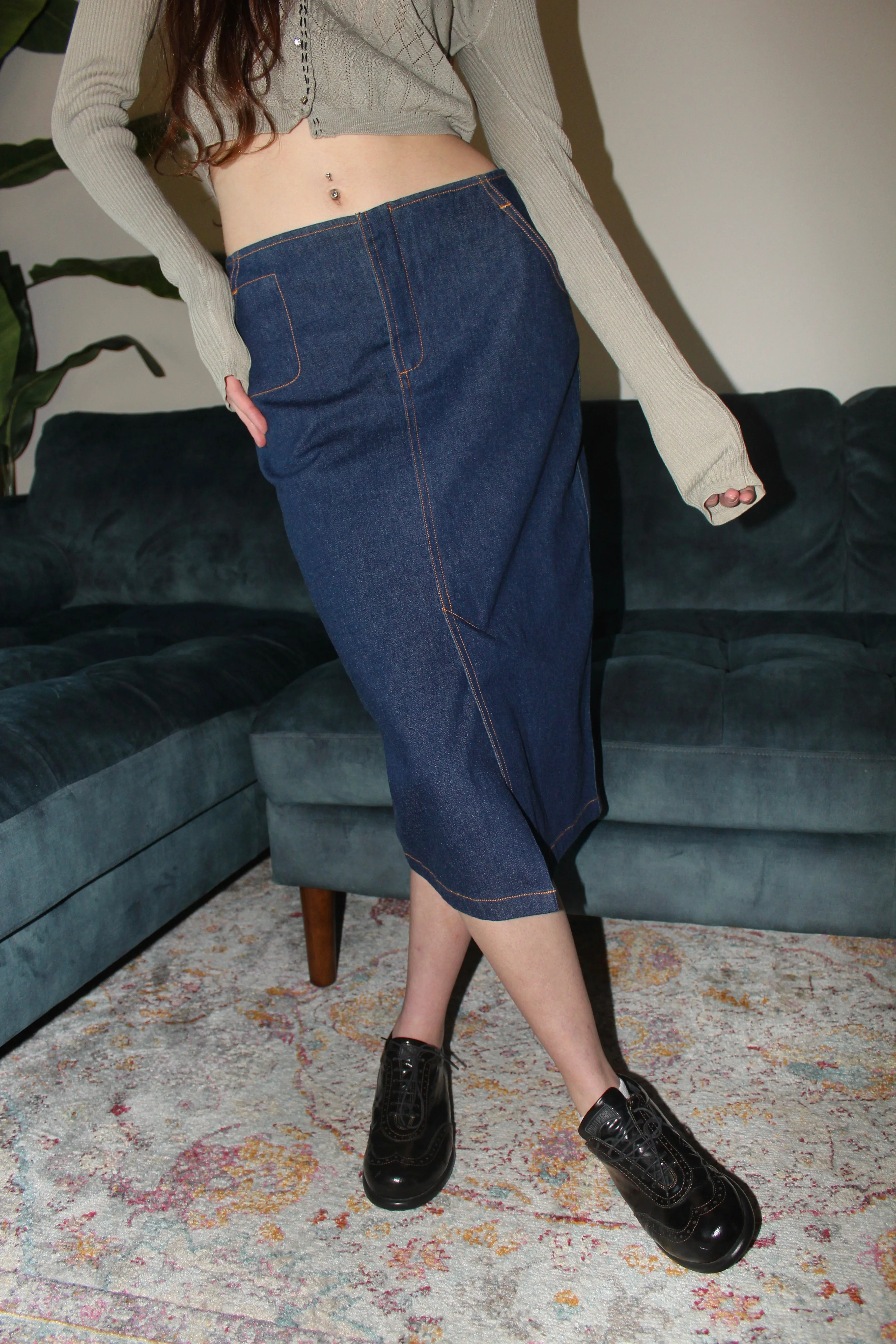 Vintage 90s Denim Midi Skirt w/ Pockets (S)