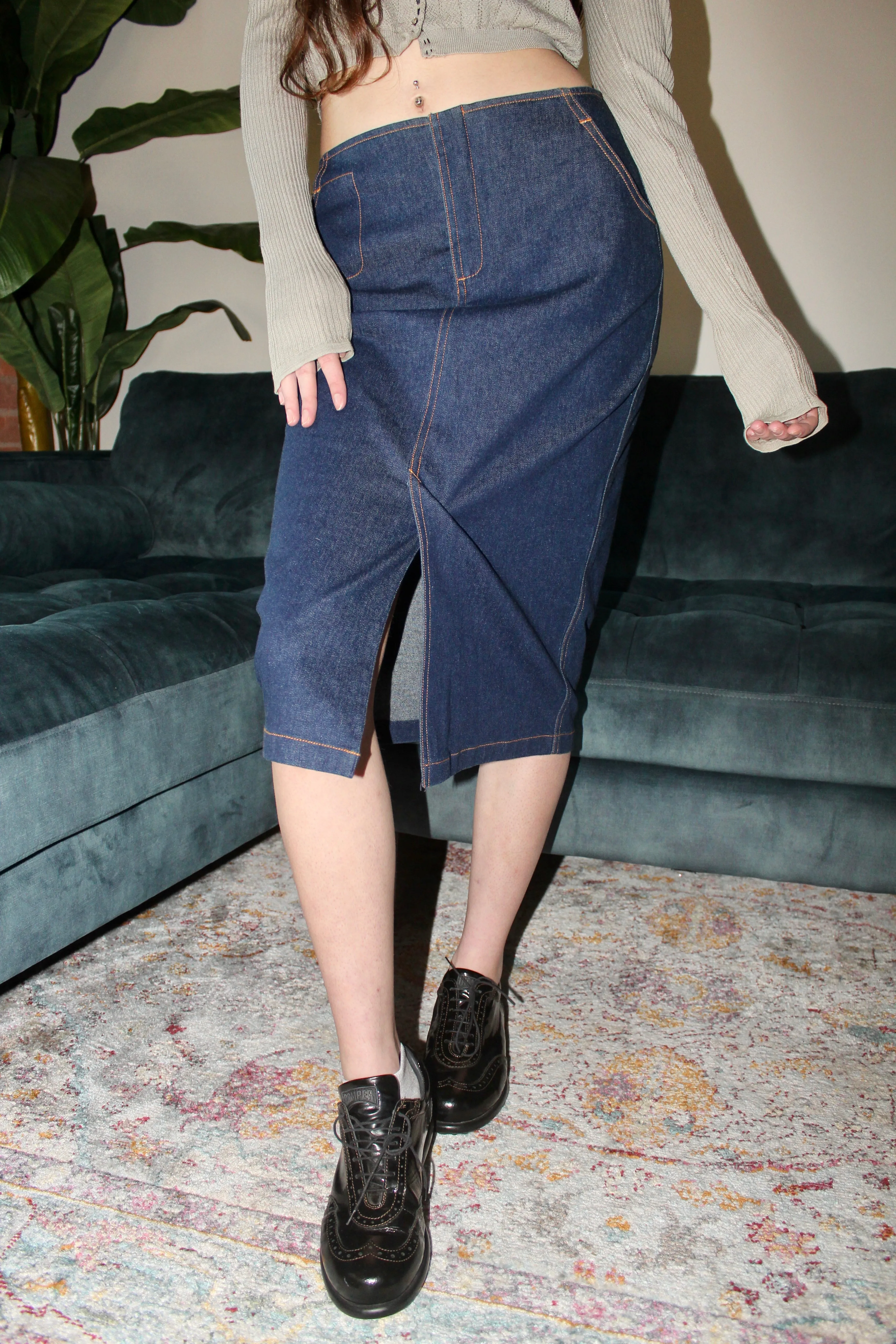 Vintage 90s Denim Midi Skirt w/ Pockets (S)
