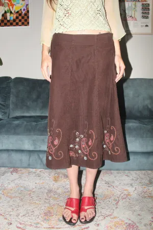 Vintage 90s Embroidered Chocolate Corduroy Midi Skirt (M)