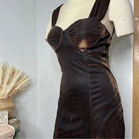 Vintage 90’s Moda Intl Black Bronze Metallic Bustier Slit Midi Dress Size 8