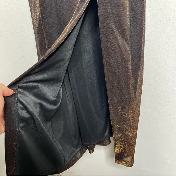 Vintage 90’s Moda Intl Black Bronze Metallic Bustier Slit Midi Dress Size 8