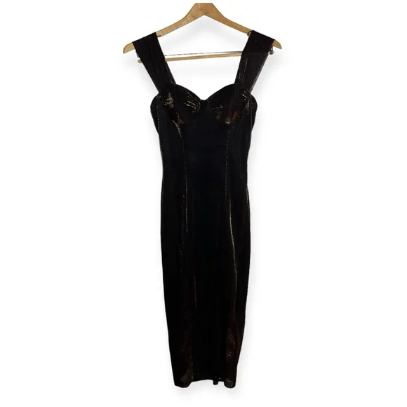 Vintage 90’s Moda Intl Black Bronze Metallic Bustier Slit Midi Dress Size 8