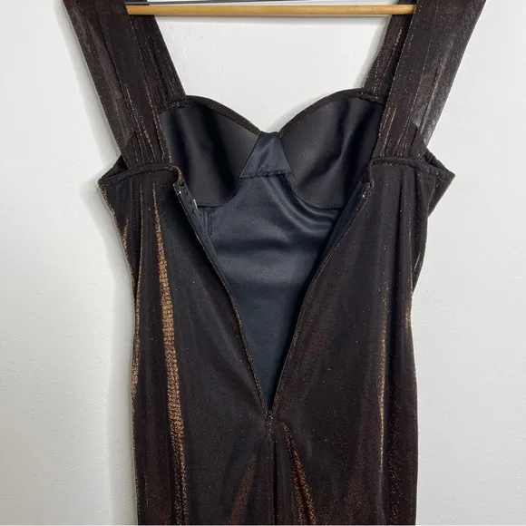 Vintage 90’s Moda Intl Black Bronze Metallic Bustier Slit Midi Dress Size 8