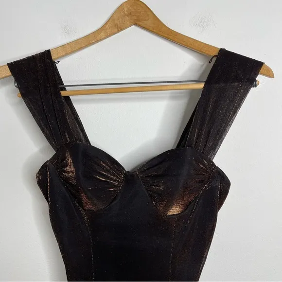 Vintage 90’s Moda Intl Black Bronze Metallic Bustier Slit Midi Dress Size 8