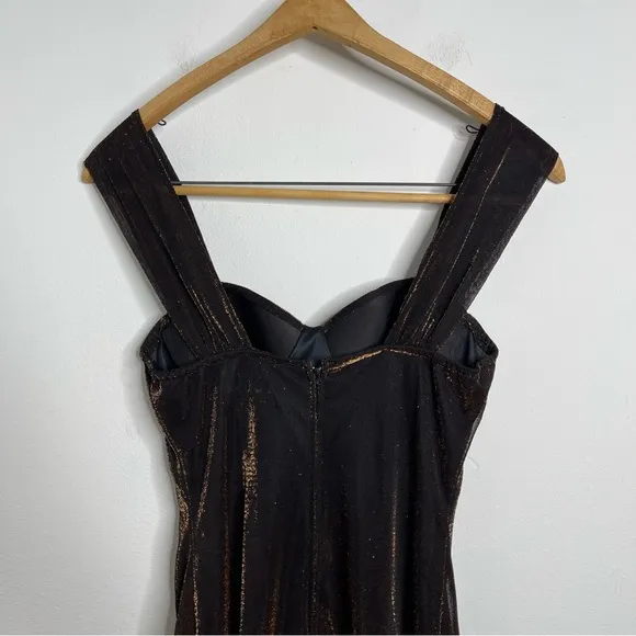 Vintage 90’s Moda Intl Black Bronze Metallic Bustier Slit Midi Dress Size 8