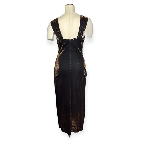 Vintage 90’s Moda Intl Black Bronze Metallic Bustier Slit Midi Dress Size 8