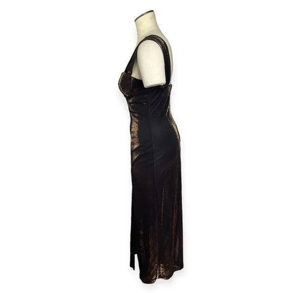 Vintage 90’s Moda Intl Black Bronze Metallic Bustier Slit Midi Dress Size 8