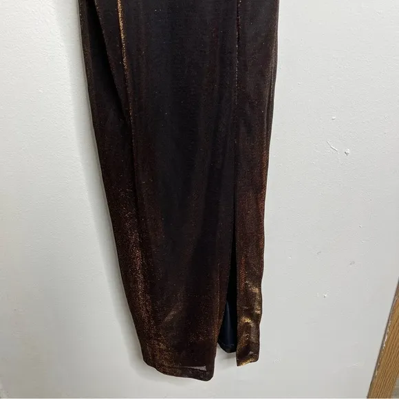 Vintage 90’s Moda Intl Black Bronze Metallic Bustier Slit Midi Dress Size 8
