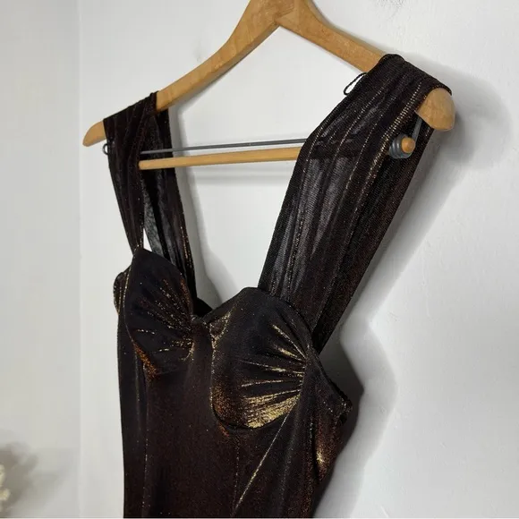 Vintage 90’s Moda Intl Black Bronze Metallic Bustier Slit Midi Dress Size 8