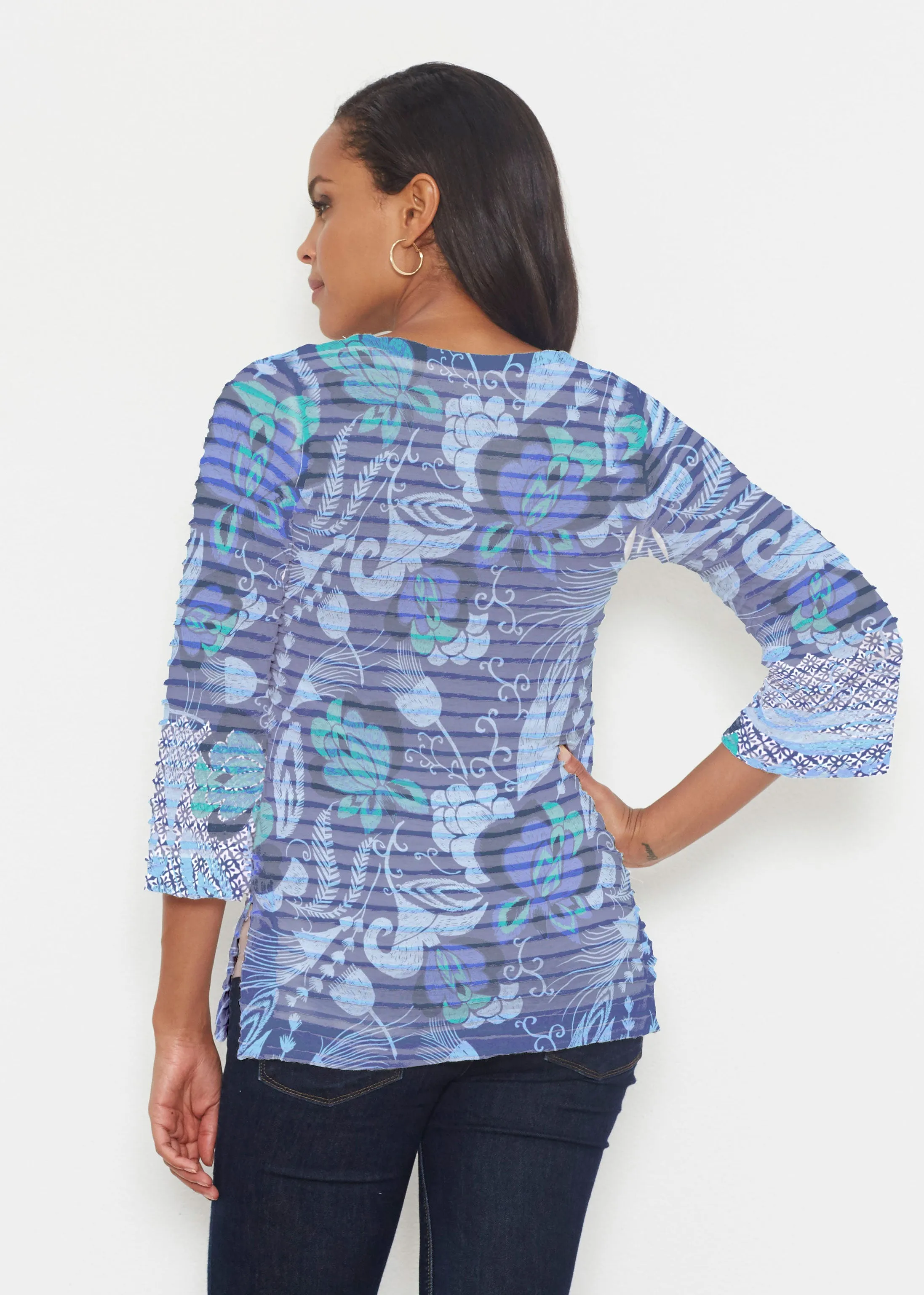 Vintage Blooms Blue (8060) ~ Banded 3/4 Bell-Sleeve V-Neck Tunic