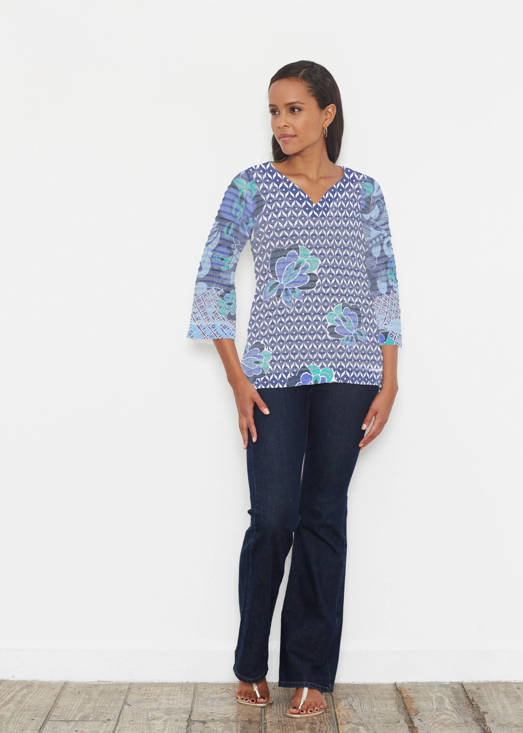 Vintage Blooms Blue (8060) ~ Banded 3/4 Bell-Sleeve V-Neck Tunic