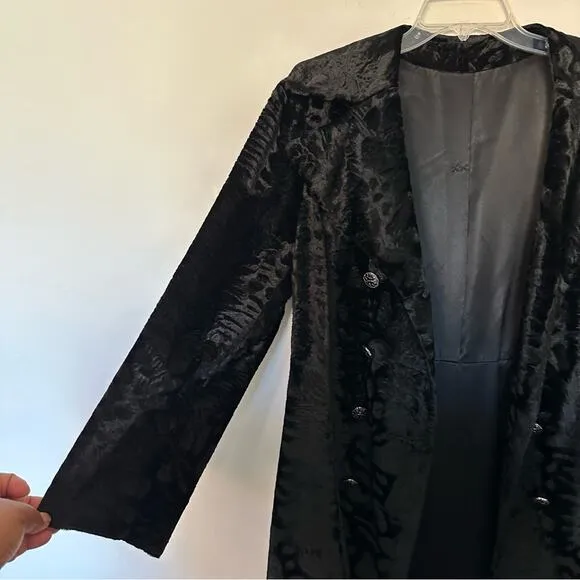 Vintage Borella Faux Fur Crushed Velvet Coat Mod Black Doublebreasted Small