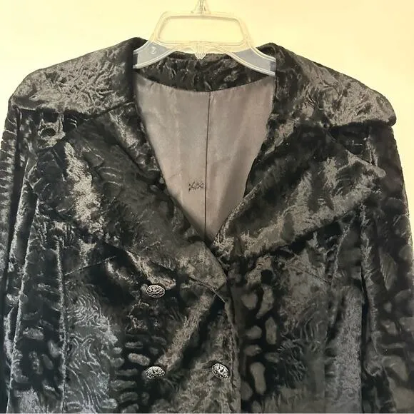 Vintage Borella Faux Fur Crushed Velvet Coat Mod Black Doublebreasted Small