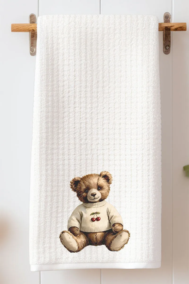 Vintage Cherry Teddy Bear Waffle Kitchen Towel