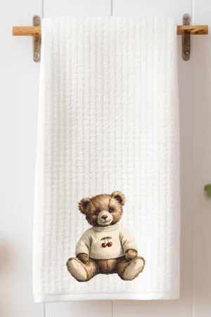 Vintage Cherry Teddy Bear Waffle Kitchen Towel
