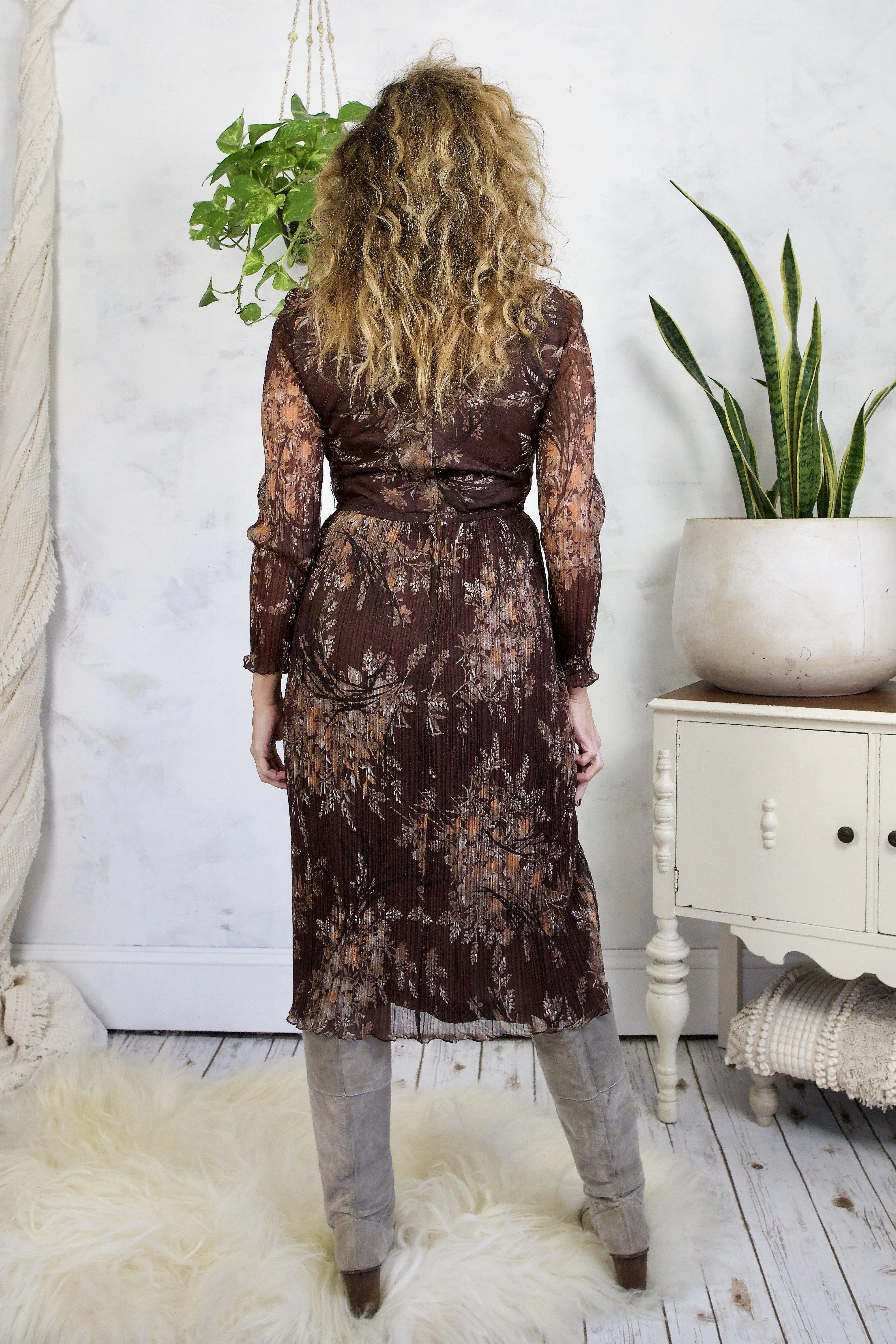 Vintage Dark Floral Pleated Dress