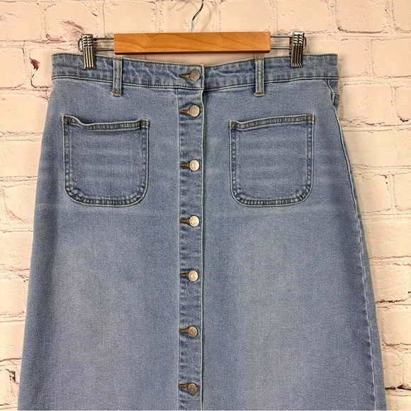 Vintage denim high low rise rise skirt button front size 10 midi stretchy light