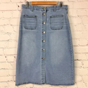 Vintage denim high low rise rise skirt button front size 10 midi stretchy light