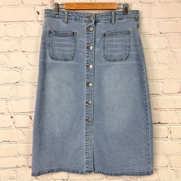 Vintage denim high low rise rise skirt button front size 10 midi stretchy light