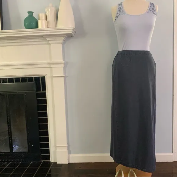 vintage EILEEN FISHER wrap midi skirt slate blue cotton &amp; tencel adjustable Sz S