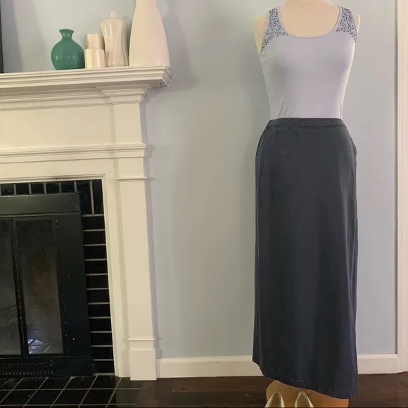 vintage EILEEN FISHER wrap midi skirt slate blue cotton &amp; tencel adjustable Sz S