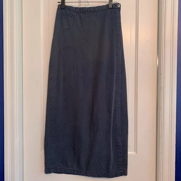 vintage EILEEN FISHER wrap midi skirt slate blue cotton &amp; tencel adjustable Sz S