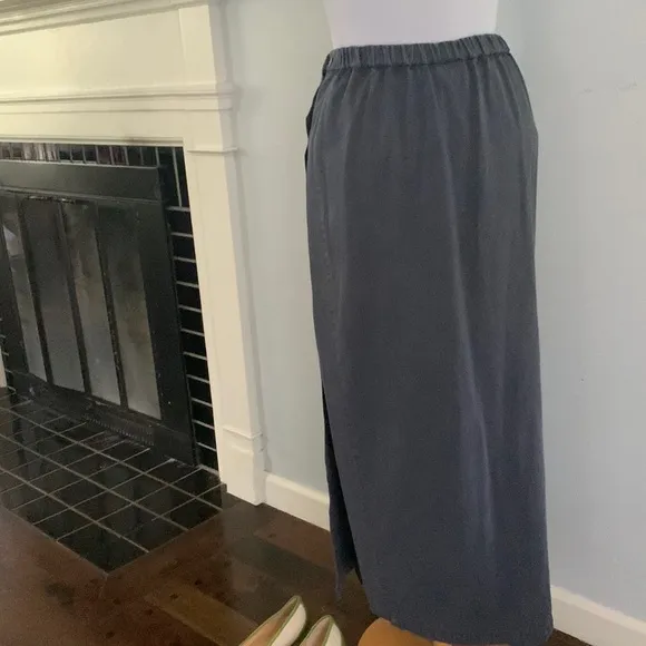 vintage EILEEN FISHER wrap midi skirt slate blue cotton &amp; tencel adjustable Sz S