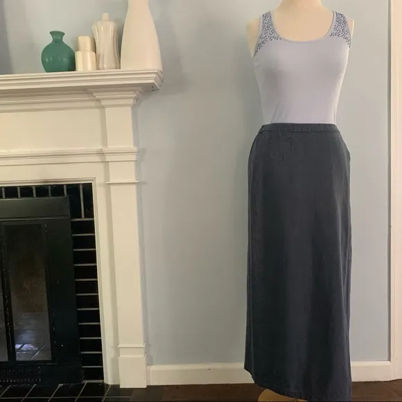 vintage EILEEN FISHER wrap midi skirt slate blue cotton &amp; tencel adjustable Sz S