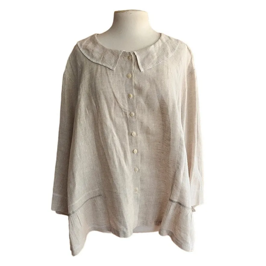Vintage FLAX Beige Linen Blouse Tunic Top Size 3G