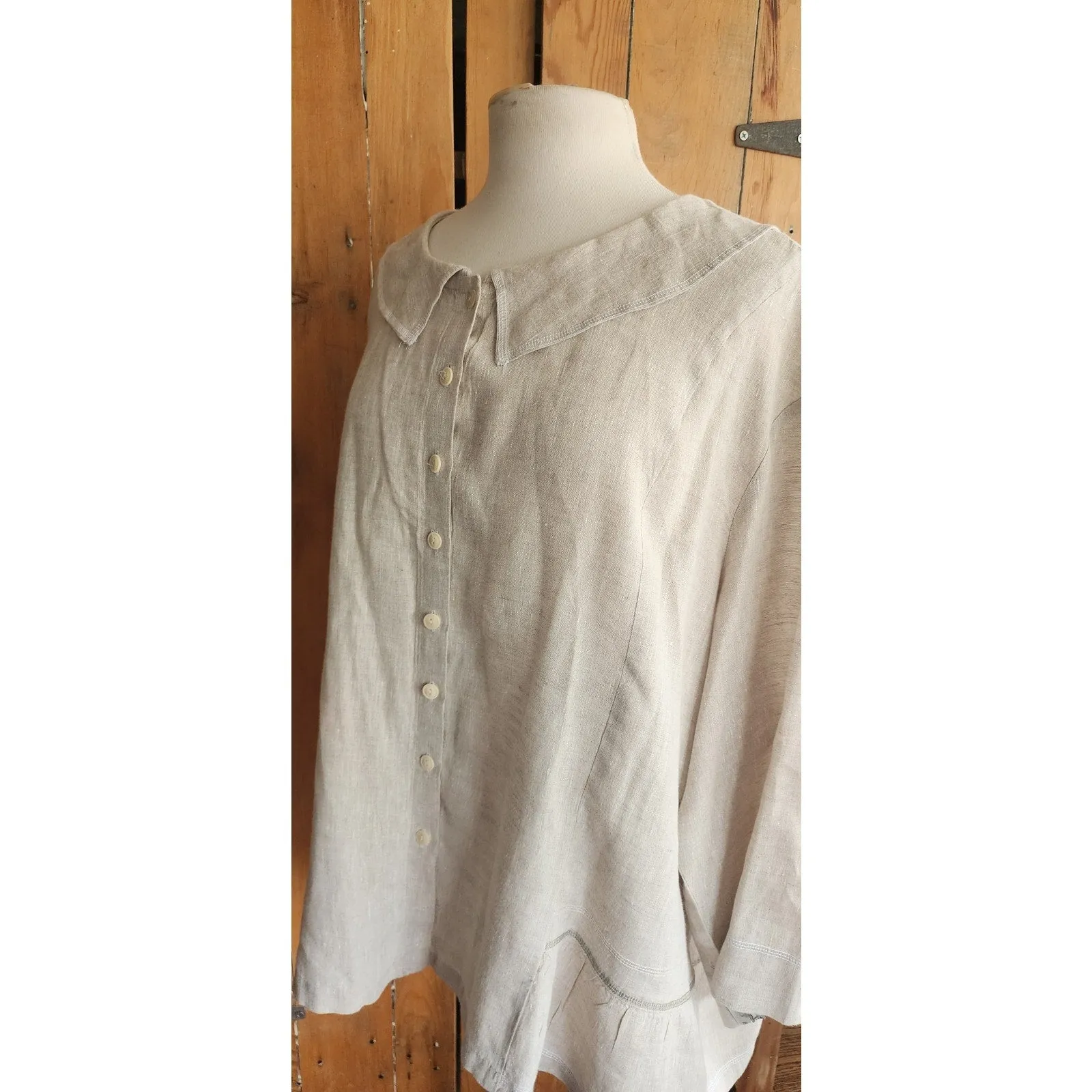 Vintage FLAX Beige Linen Blouse Tunic Top Size 3G