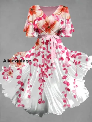 Vintage Floral Art Print Chic V-Neck Short Sleeve Midi Dress