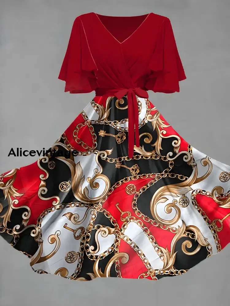 Vintage Floral Art Print Chic V-Neck Short Sleeve Midi Dress