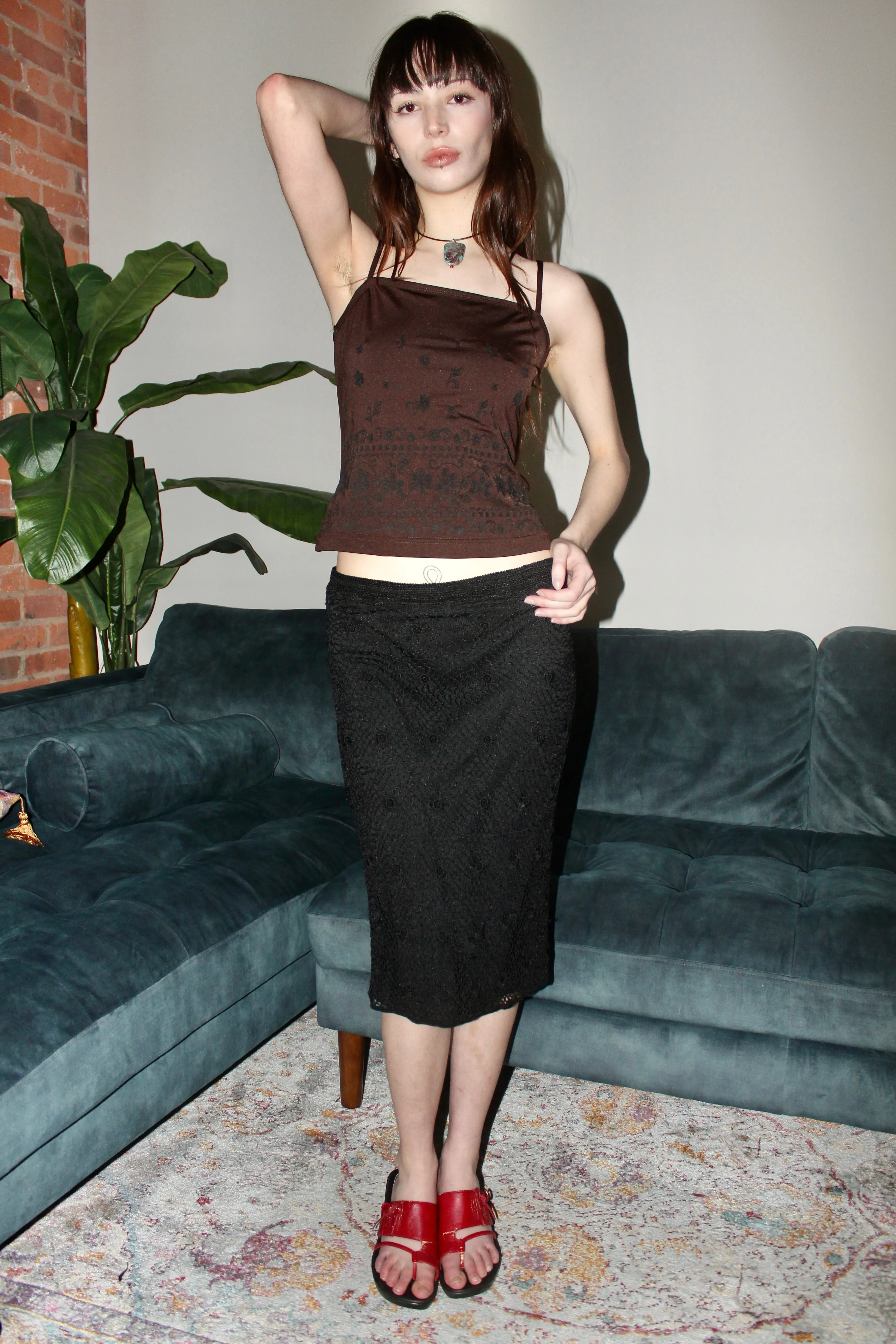 Vintage Floral Crochet Knit Midi Skirt (S-M)