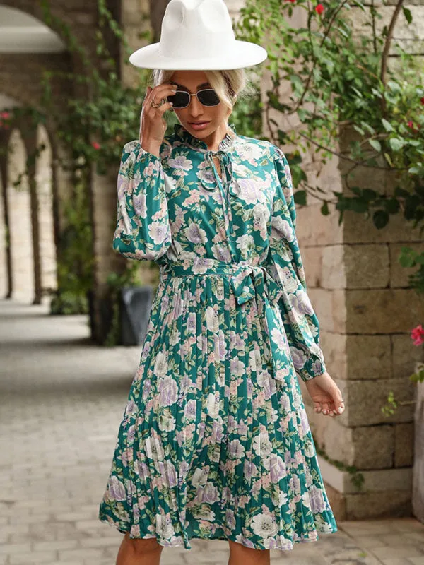 Vintage Floral Print Dress with Pleated Long Sleeves