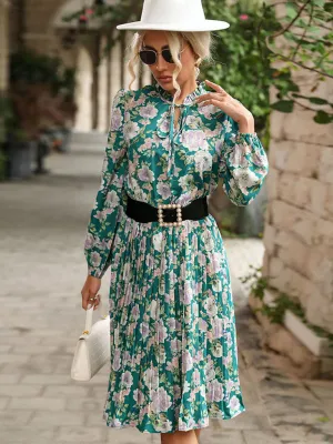Vintage Floral Print Dress with Pleated Long Sleeves