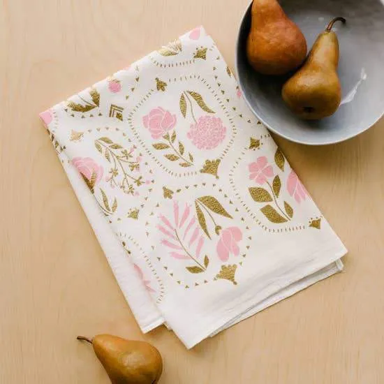 Vintage Florals With Metallic Gold Tea Towel
