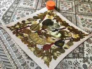Vintage HERMES Carre pink beige background color plisse, pleated silk scarf with various pumpkin prints all over in olive green. 070204re1