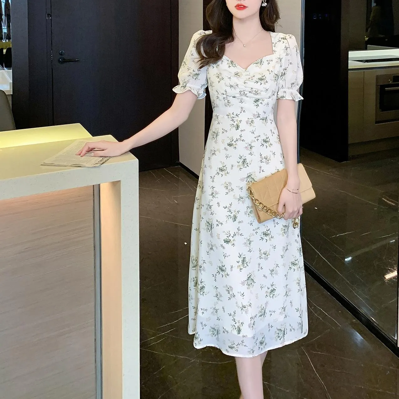 Vintage-Inspired A-Line Dress for Women in Floral Chiffon