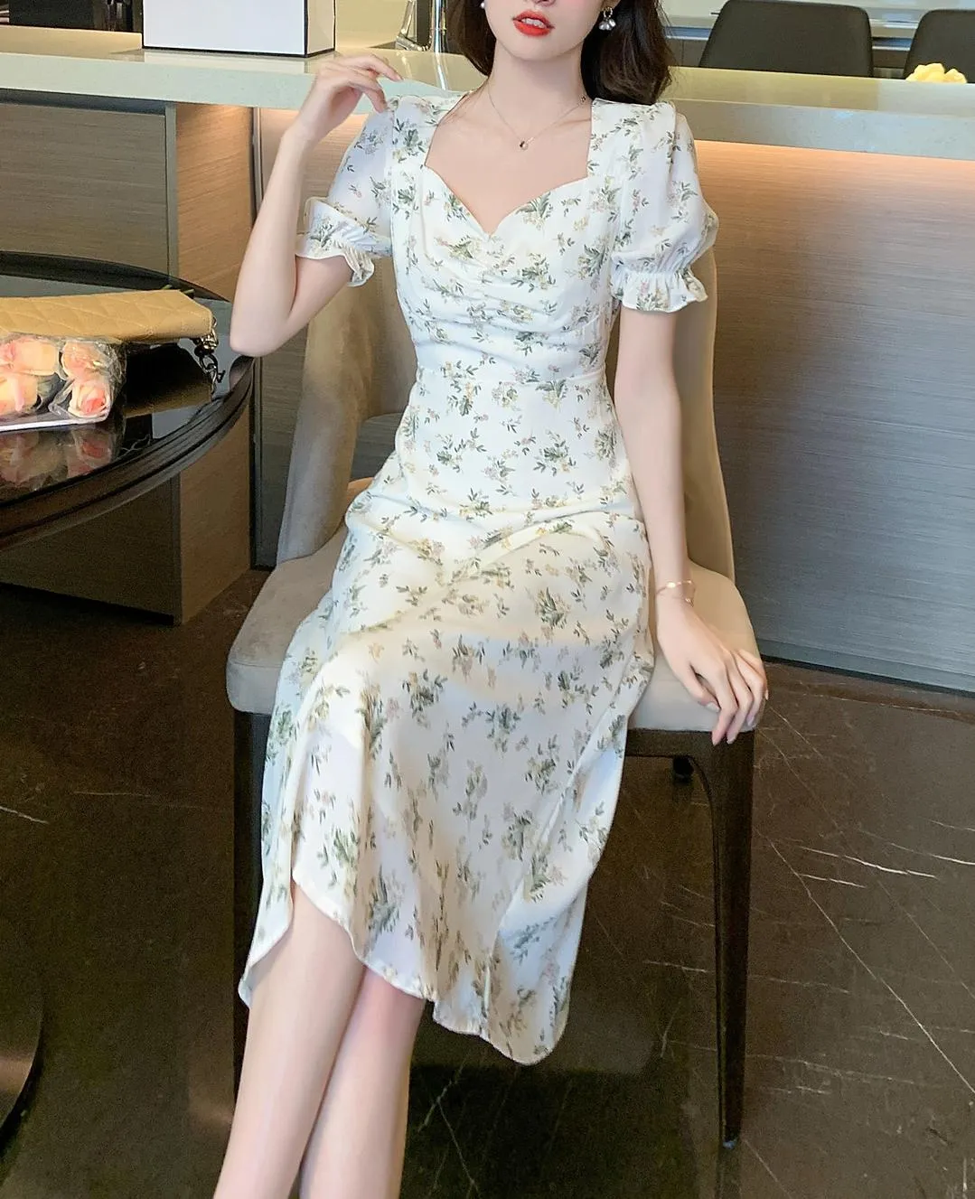 Vintage-Inspired A-Line Dress for Women in Floral Chiffon