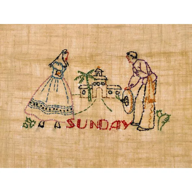 Vintage Kitchen Towel Stevens Linen "Sunday" Embroidered 1940s