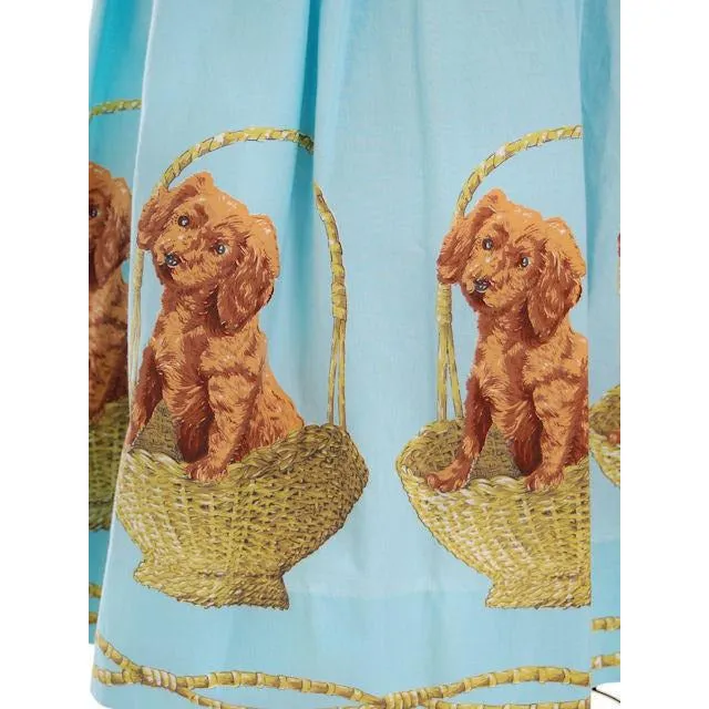 Vintage Ladies Cotton Skirt Puppy In a Basket Border Print 1940s 30" Waist