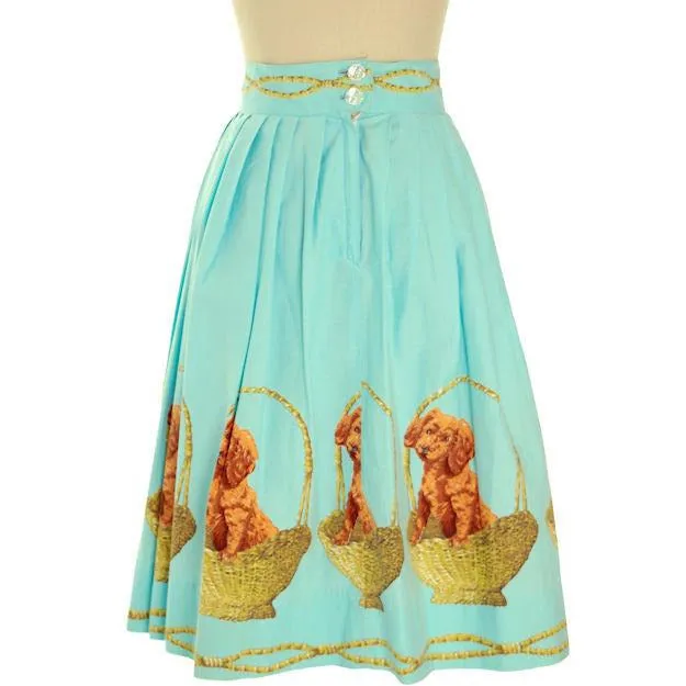 Vintage Ladies Cotton Skirt Puppy In a Basket Border Print 1940s 30" Waist