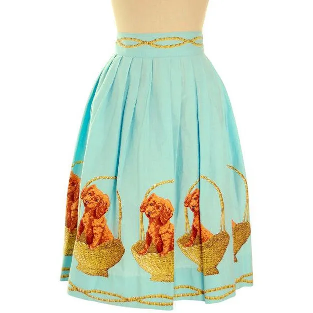 Vintage Ladies Cotton Skirt Puppy In a Basket Border Print 1940s 30" Waist