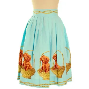 Vintage Ladies Cotton Skirt Puppy In a Basket Border Print 1940s 30" Waist