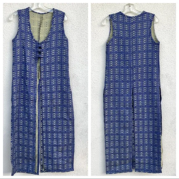 Vintage long vest Indian ethnic duster jacket sleeveless dress metallic maxi S